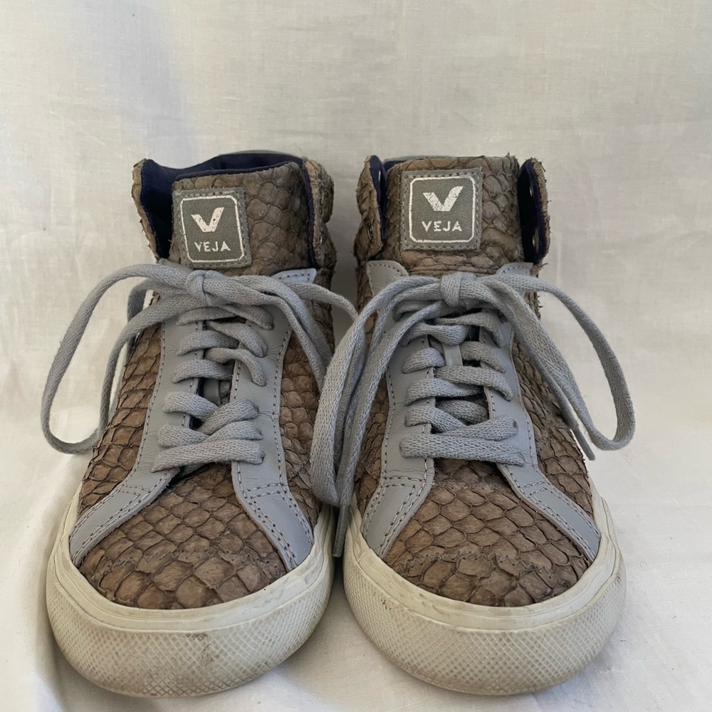 Veja Leather Python Taupe and Grey High-Top Sneakers